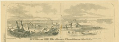 Druck von zerstörten Dampfschiffen mit einer Flussinsel im Hintergrund von Alexander Simplot